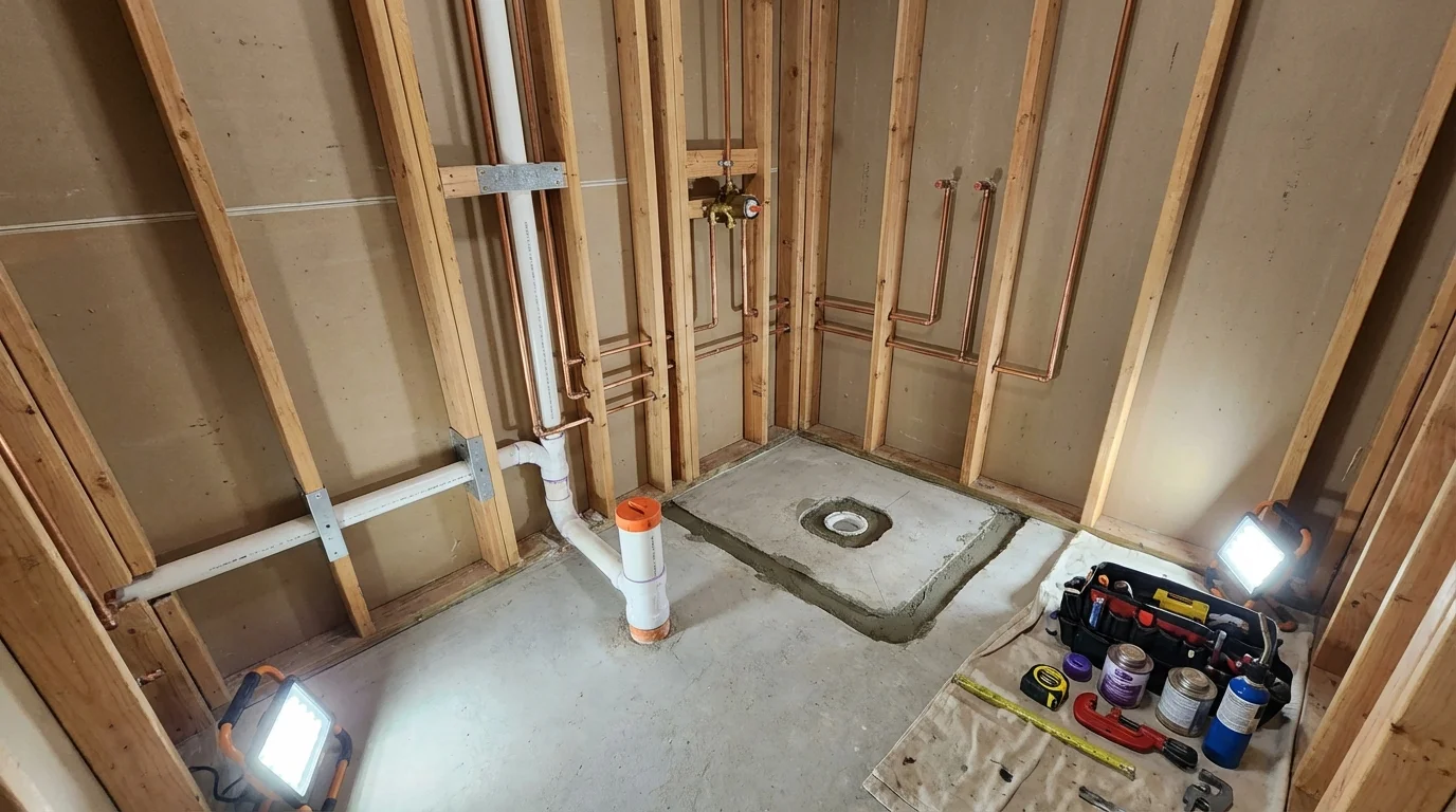 Bathroom rough-in plumbing during remodel by Johns Plumbing LLC in Leadwood