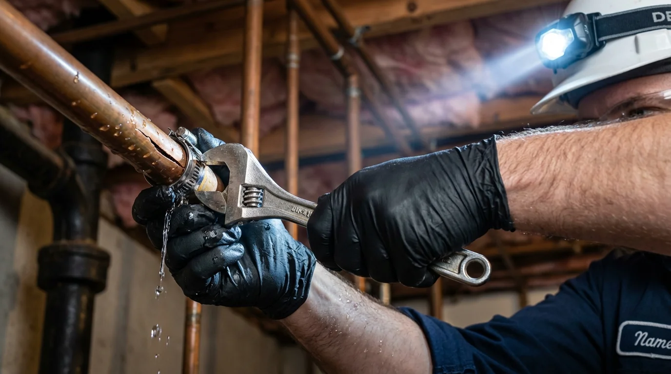 Emergency pipe clamp repair being performed by a Johns Plumbing LLC plumber in Leadwood