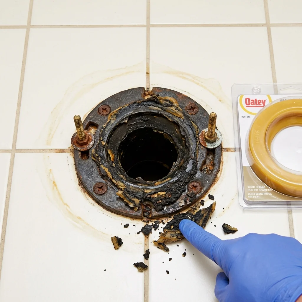 Failed wax ring showing water seepage at the base of a toilet in a Leadwood, MO home
