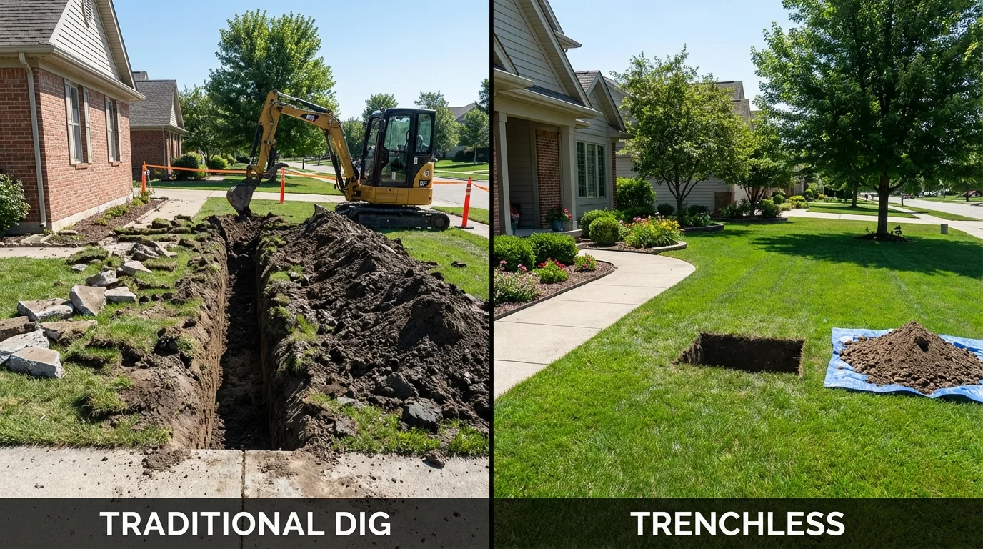 Trenchless sewer repair with minimal yard damage versus traditional excavation in Leadwood, MO