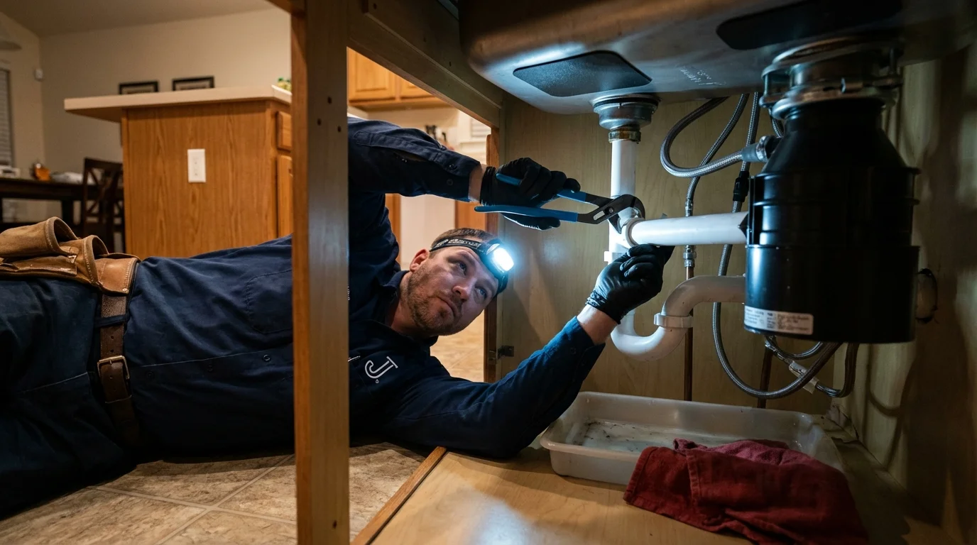 P-trap and supply line connections under a kitchen sink showing a common leak point in Leadwood, MO